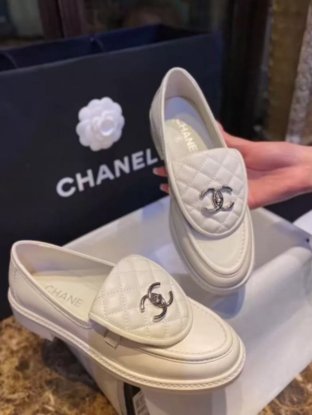 CHANEL Ivory Quilted Leather CC Turnlock Slip-On Loafers